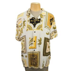 Baroque Gold Button Up Shirt Mens XL White Gold Leopard Chain Print Rayon Luxury